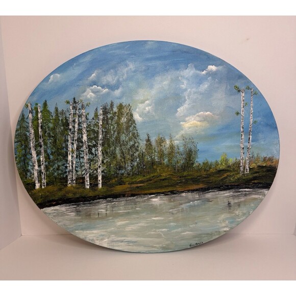 Bear Lake Oil Original Oil Painting Oval Shaped Canvas 20” X 16” Signed By Kerri